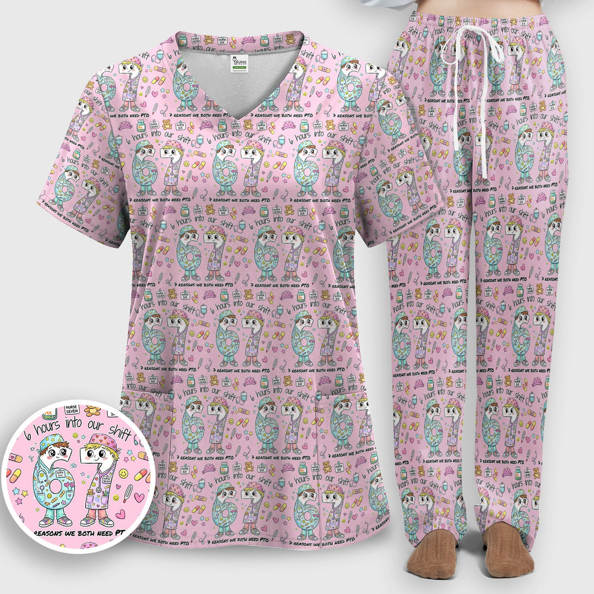 Six Hours Into Shift Beige Nurse Scrub Set