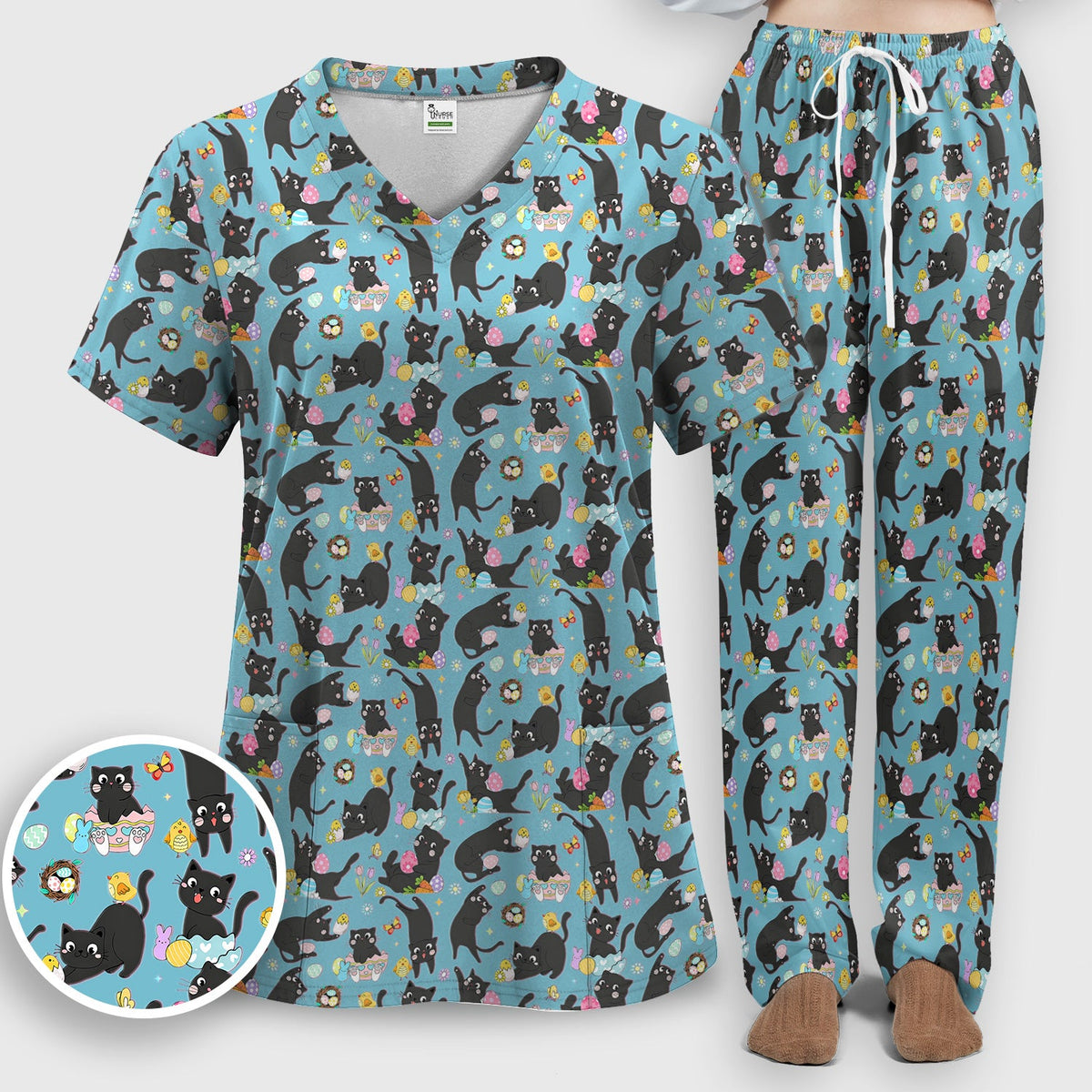 Black Cat Easter Egg Nurse Scrub Set