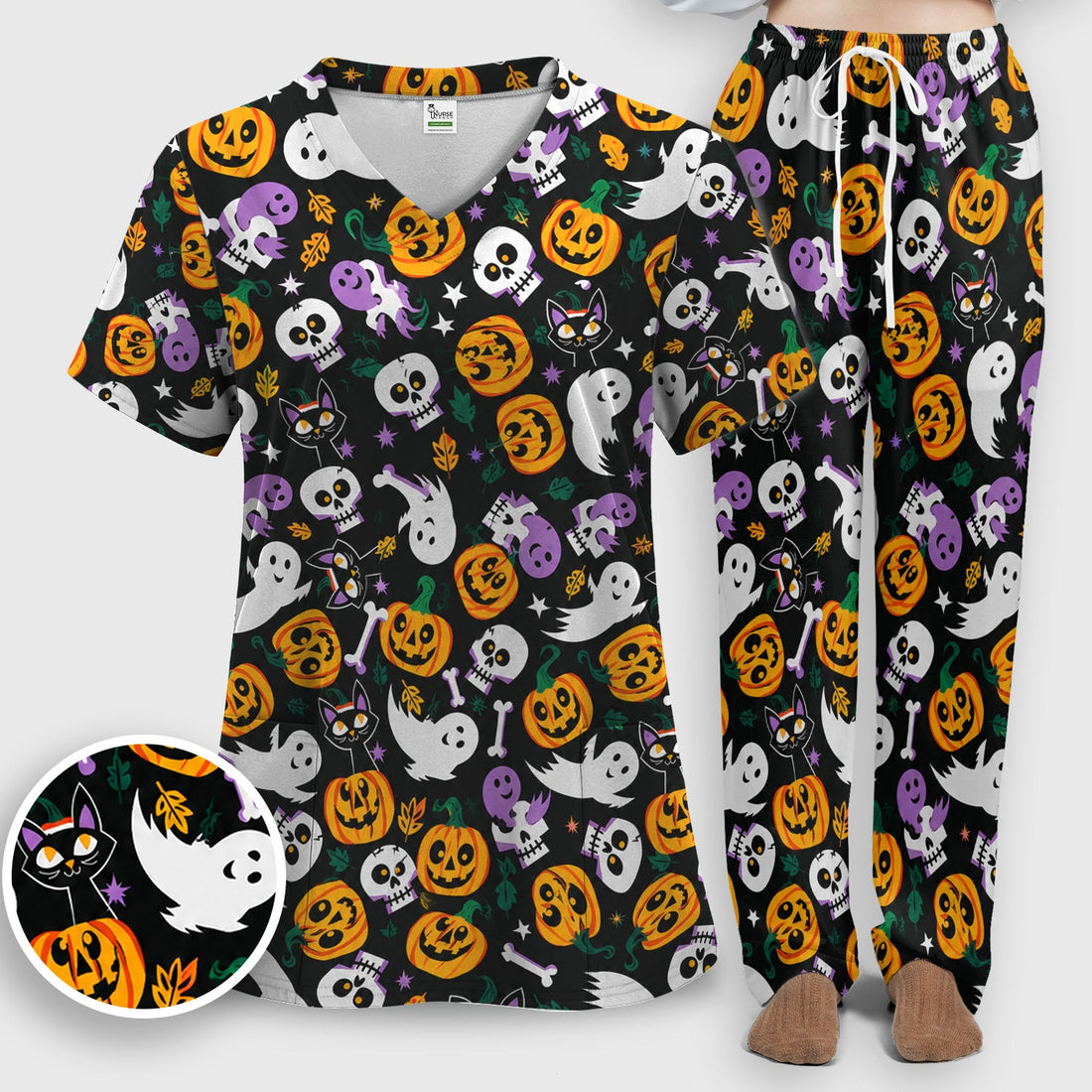Spooky Pumpkin Ghost Print Nurse Scrub Set
