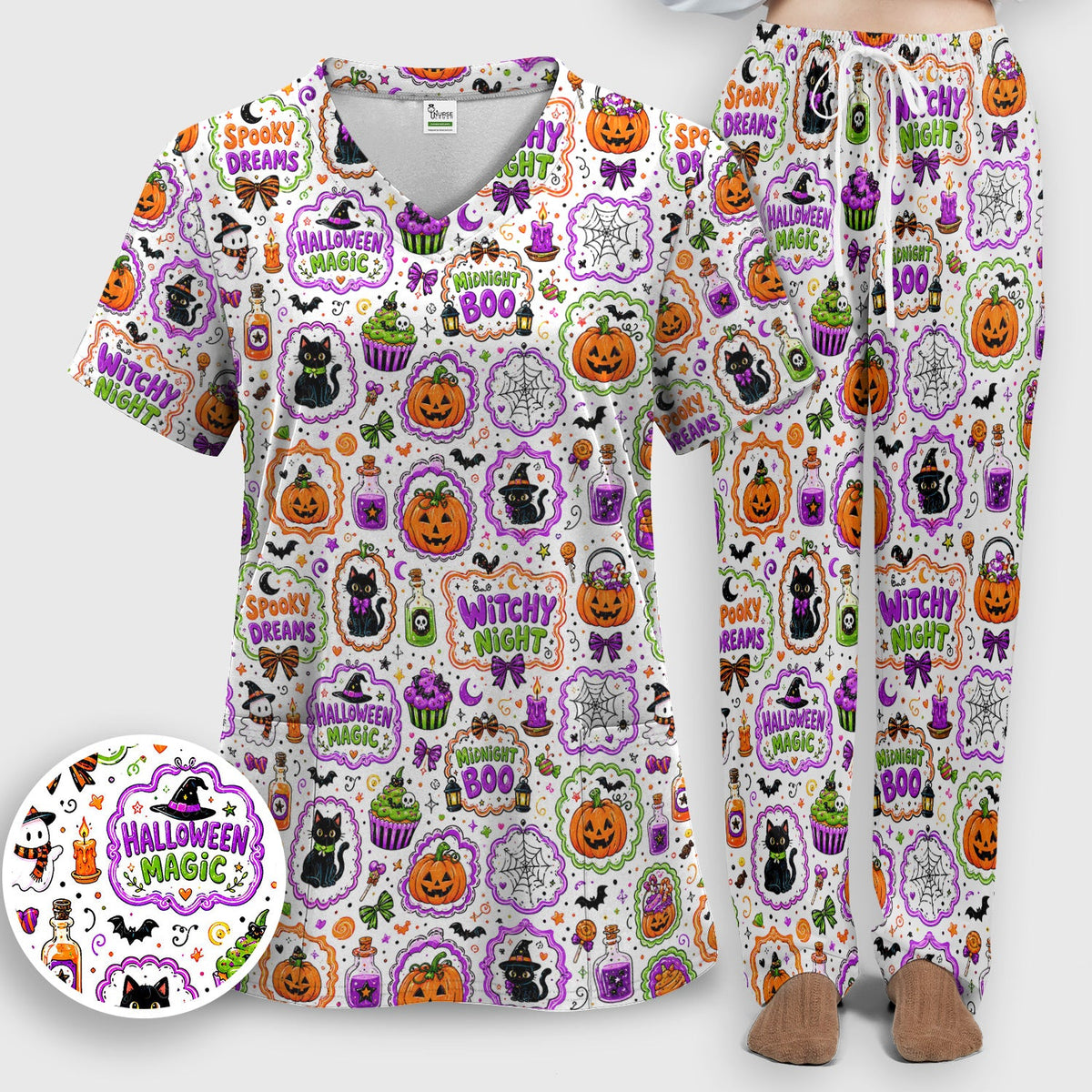Halloween Black Cats Pumpkins Nurse Scrub Set