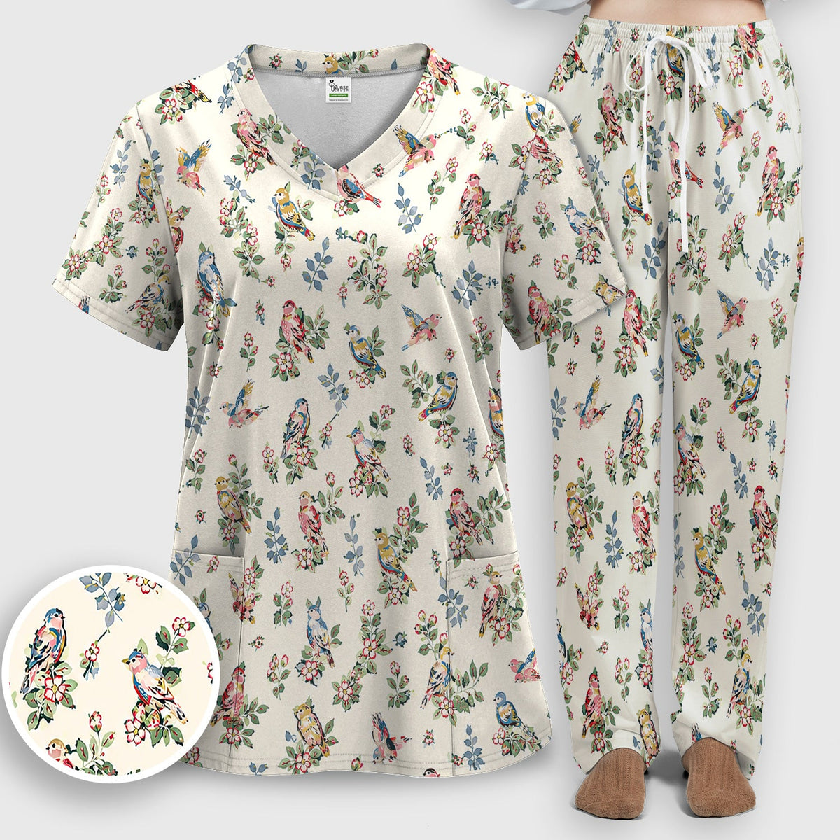 Vintage Birds Blossom Nurse Scrub Set