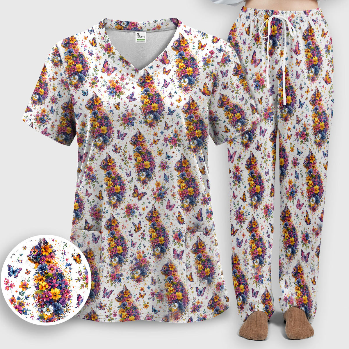 Floral Cat Butterfly Nurse Scrub Set