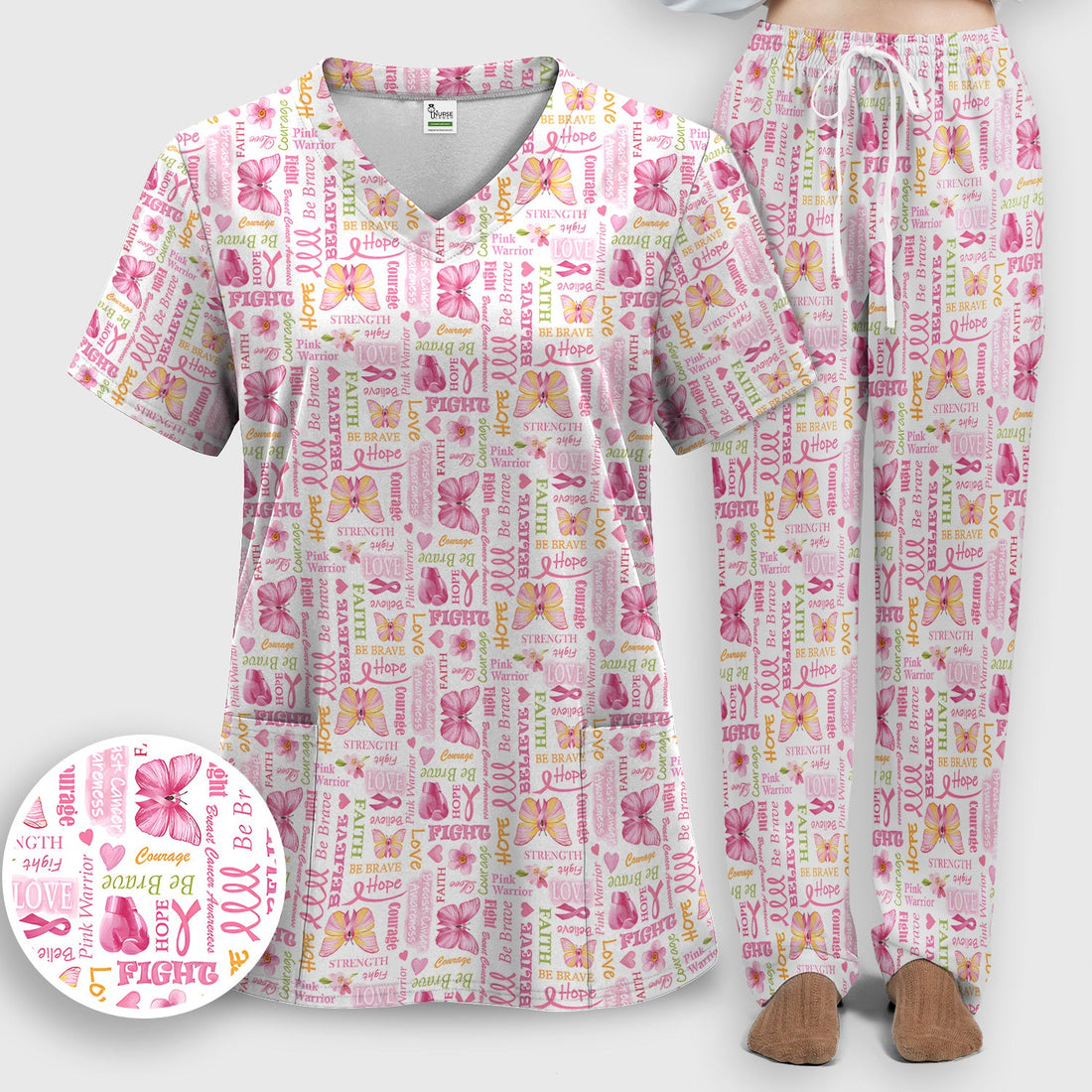 Breast Cancer Pink Ribbon Butterfly Nurse Scrub Set