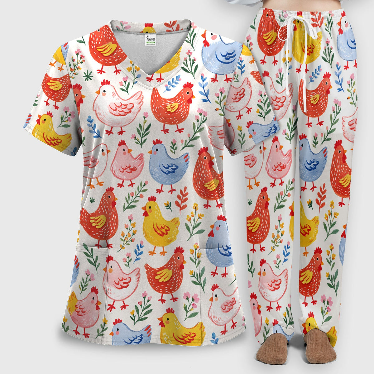 Fun Cartoon Hen Nurse Scrub Set