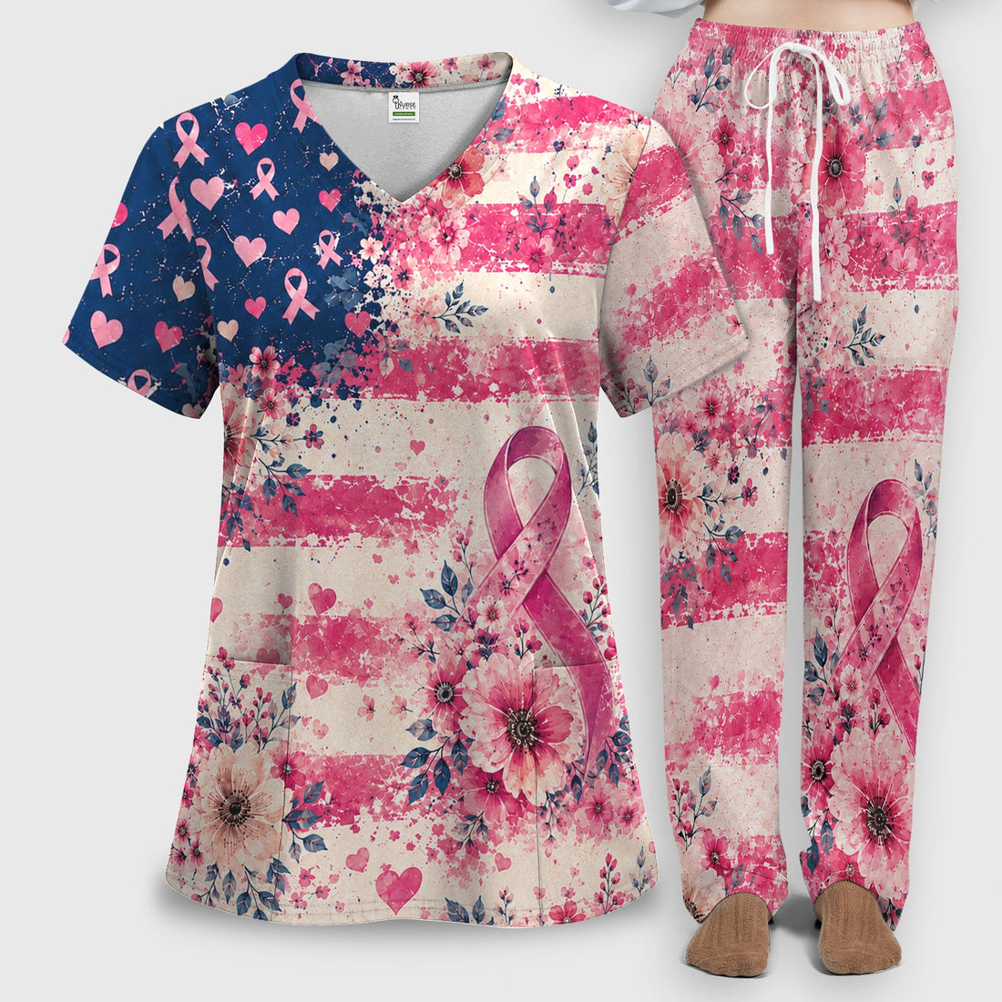 Breast Cancer Floral Flag Nurse Scrub Set