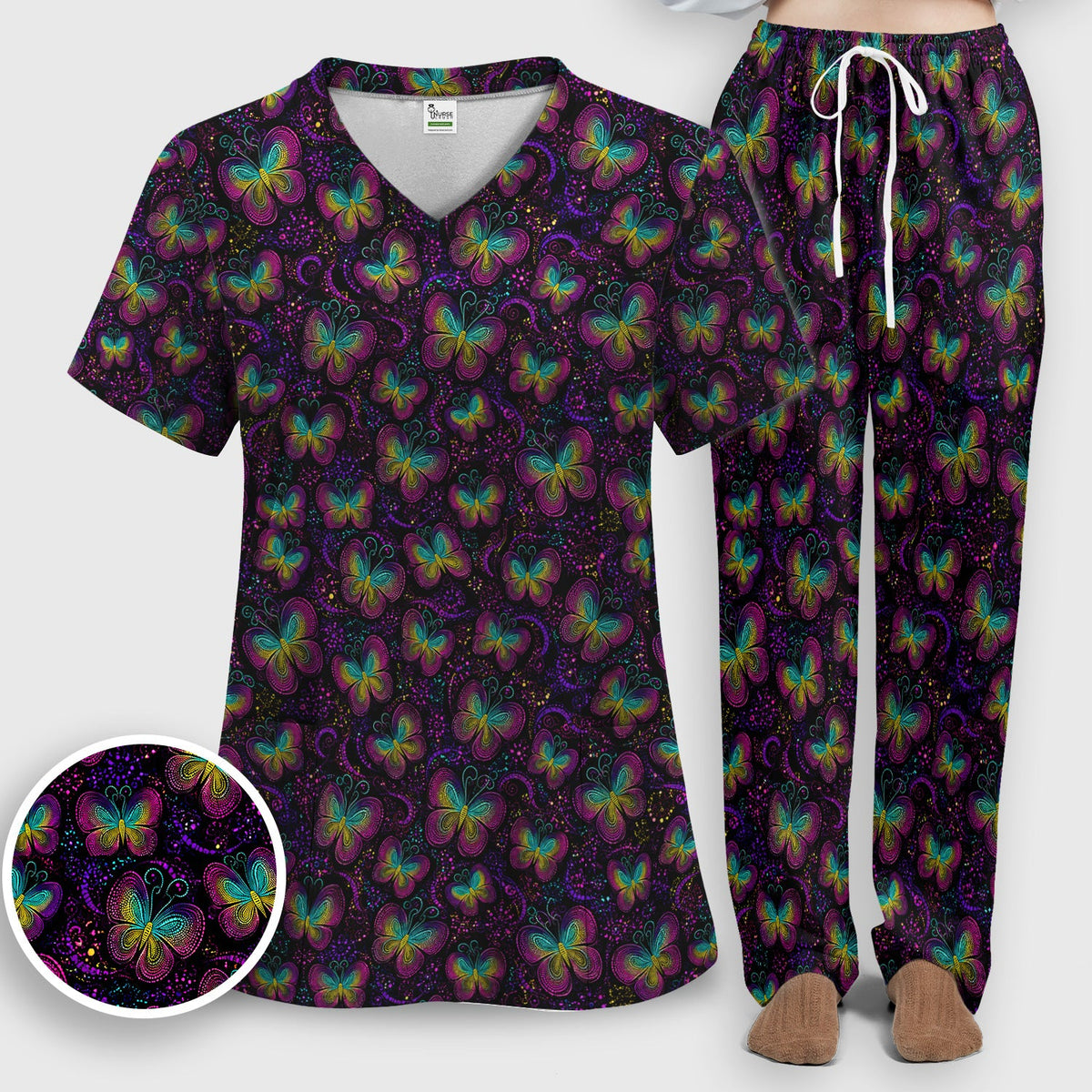 Neon Butterfly Swirl Nurse Scrub Set