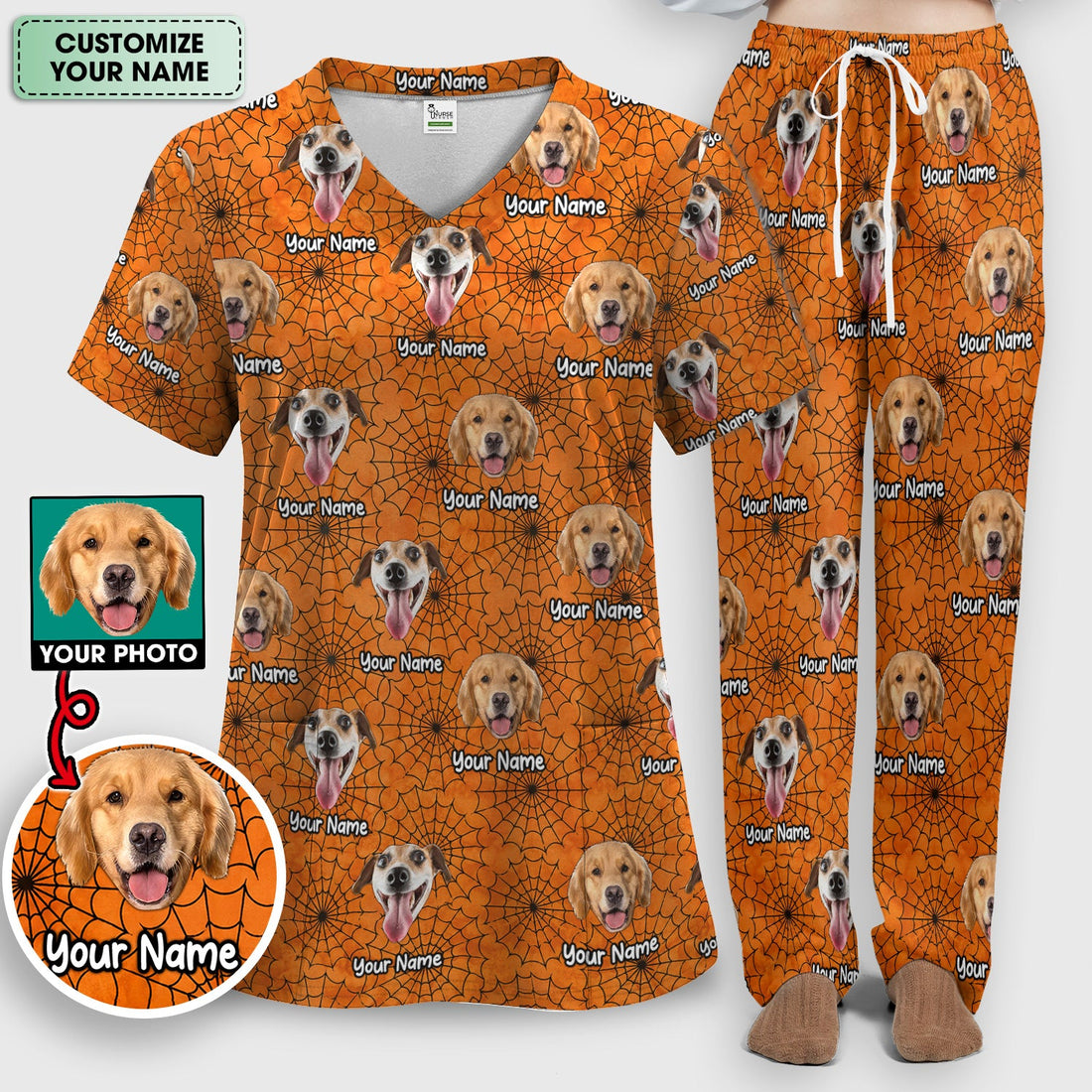 Personalized Halloween Dog Photo Spiderweb Scrub Set