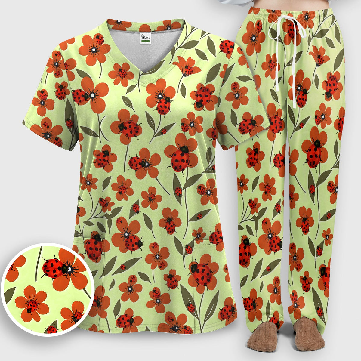Ladybug Orange Floral Garden Nurse Scrub Set