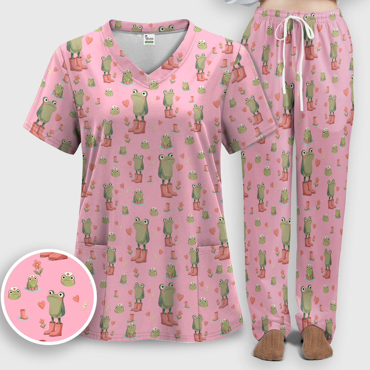 Adorable Frog Boots Heart Nurse Scrub Set