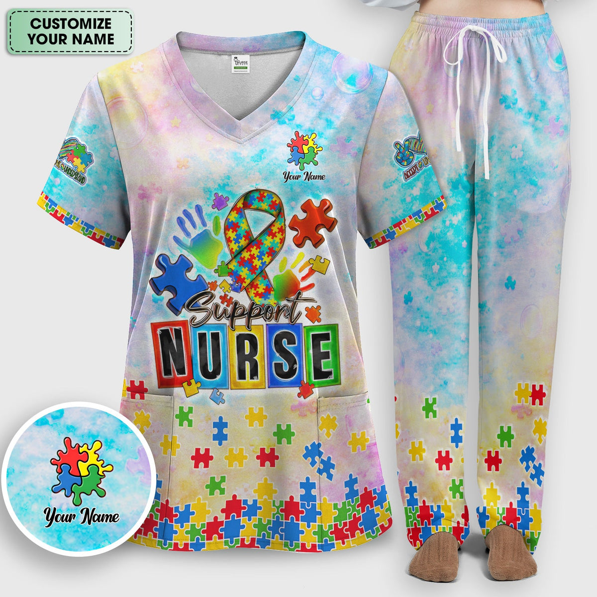 Personalized Autism Awareness Nurse Scrub Set