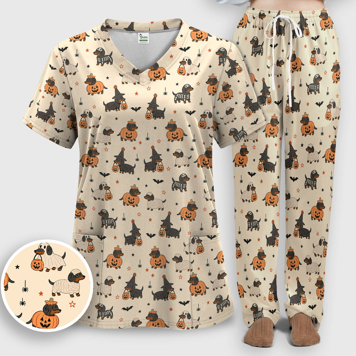 Dachshund Pattern Nurse Scrub Set - Halloween Gift