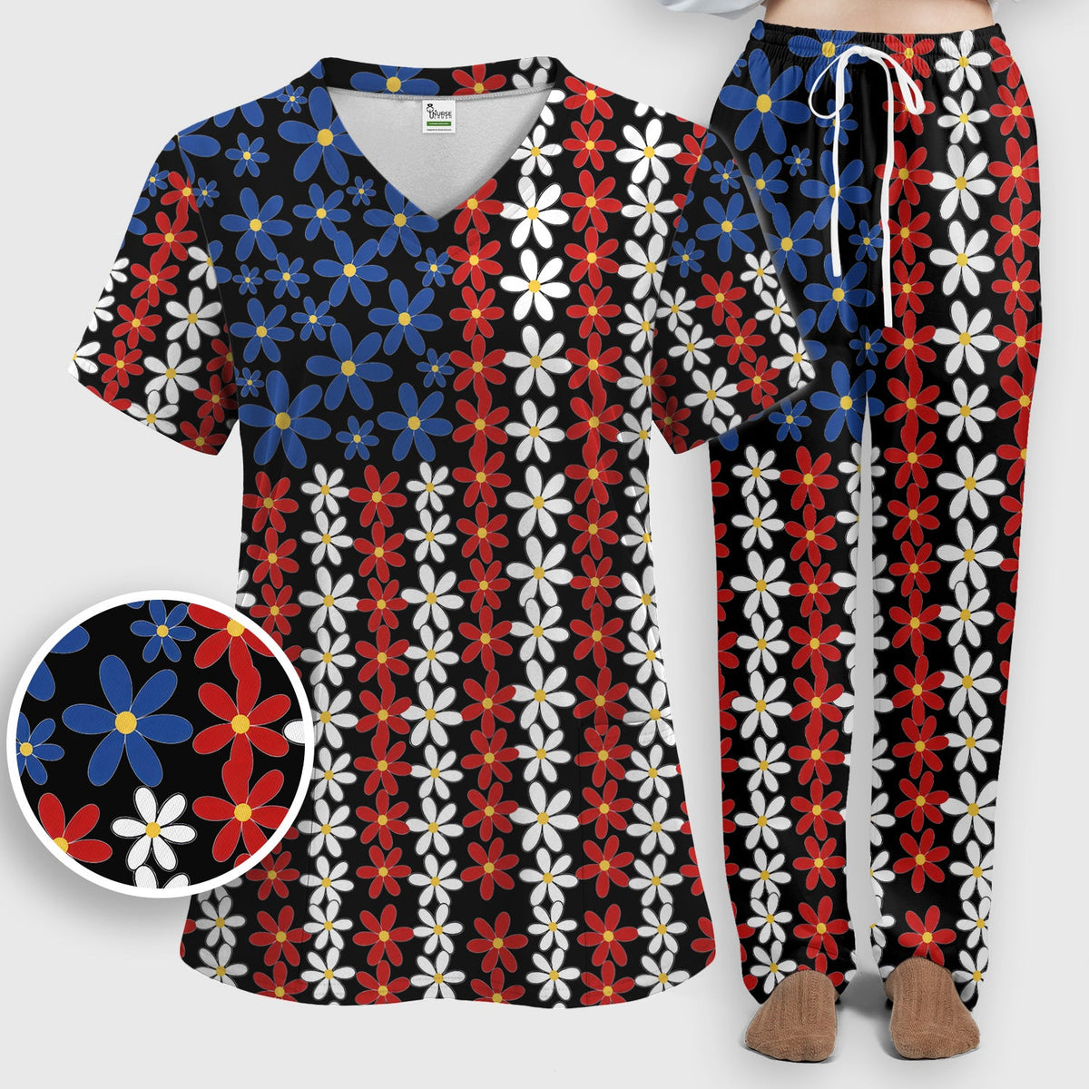 Retro Red Blue Daisy Nurse Scrub Set