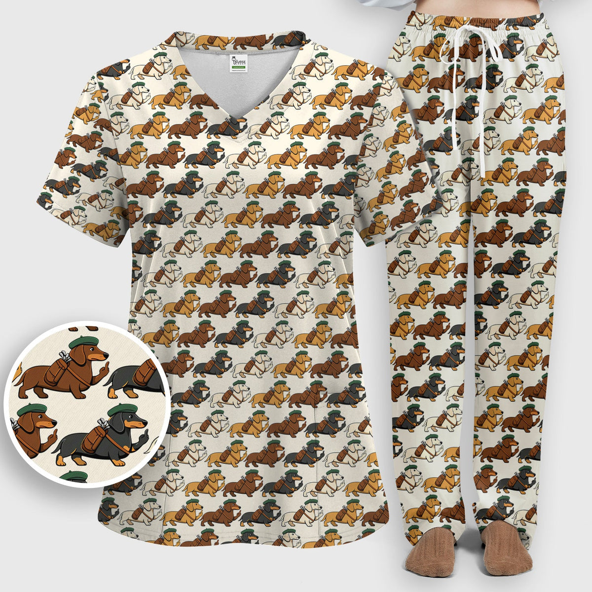 Dachshund Hat And Backpack Nurse Scrub Set