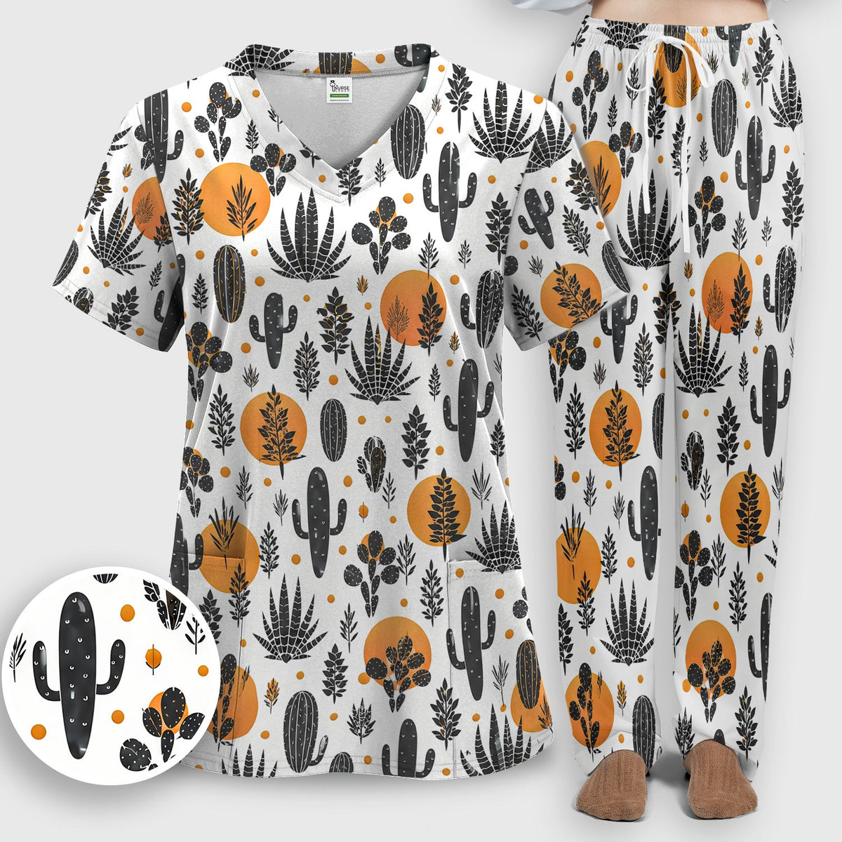 Desert Cactus Orange Sun Nurse Scrub Set