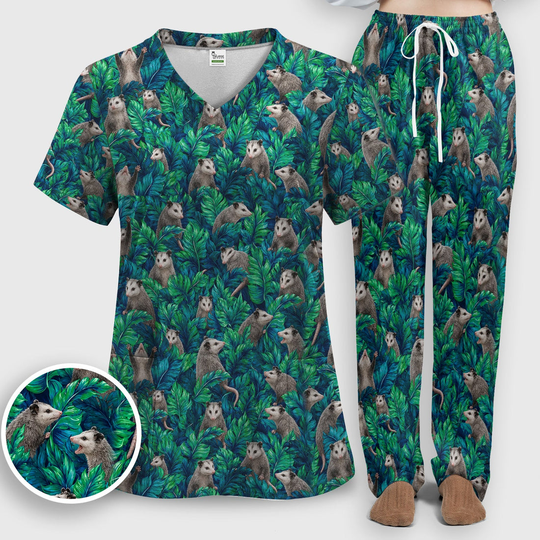 Tropical Opossum Jungle Leaves Nurse Scrub Set