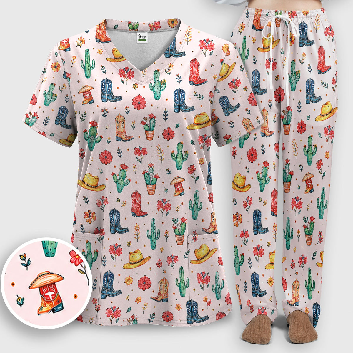Whimsical Western Cactus Boots Nurse Scrub Set