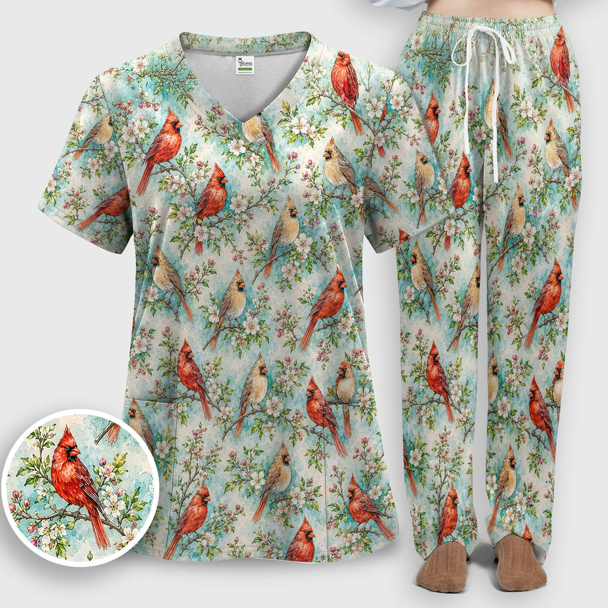 Cardinal Blossom Branch Nurse Scrub Set
