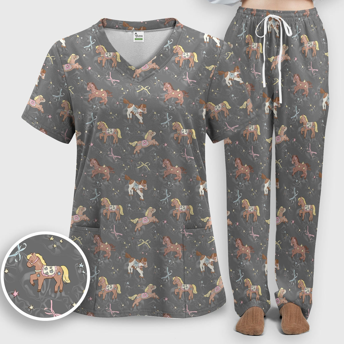 Cute Pony Star Pattern Scrub Set, Breathable Med Uniform