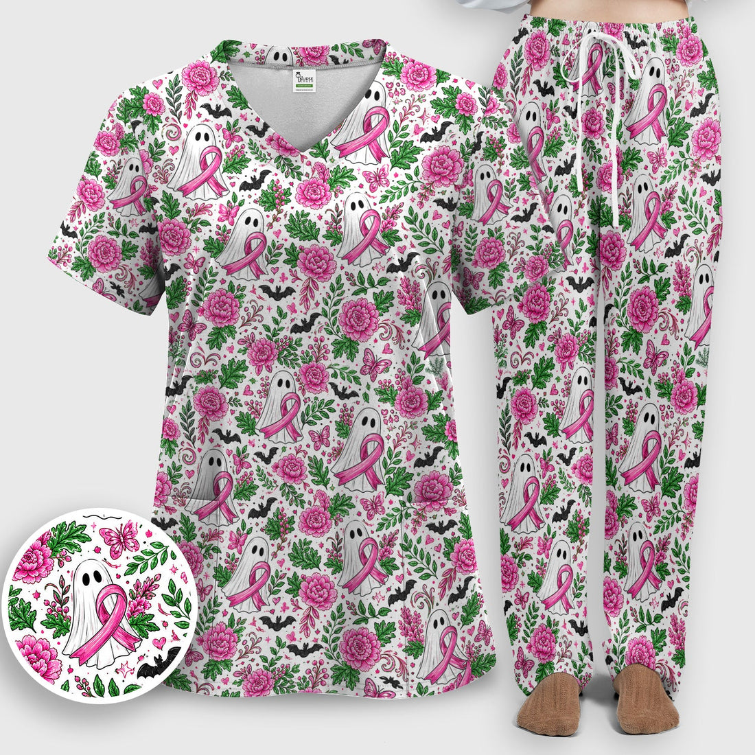 Breast Cancer Awareness Floral Ghost Nurse Scrub Set