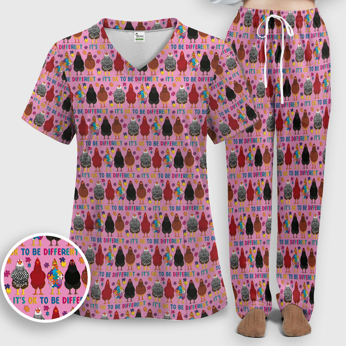 Autism Chicken It's OK To Be Different Nurse Scrub Set