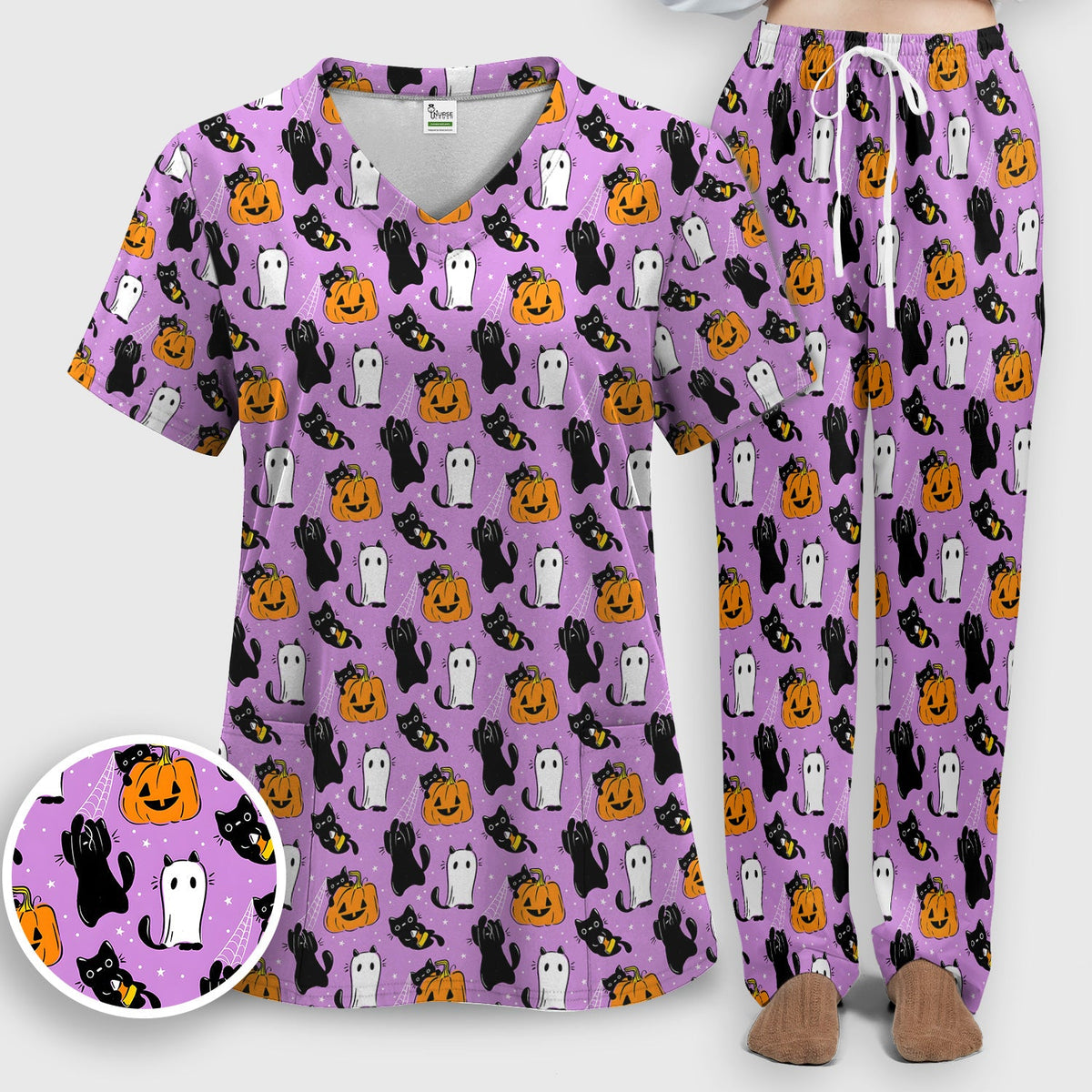 Purple Halloween Black Cat Nurse Scrub Set