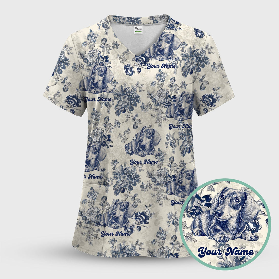 Personalized Vintage Floral Dachshund Portrait Nurse Scrub Top