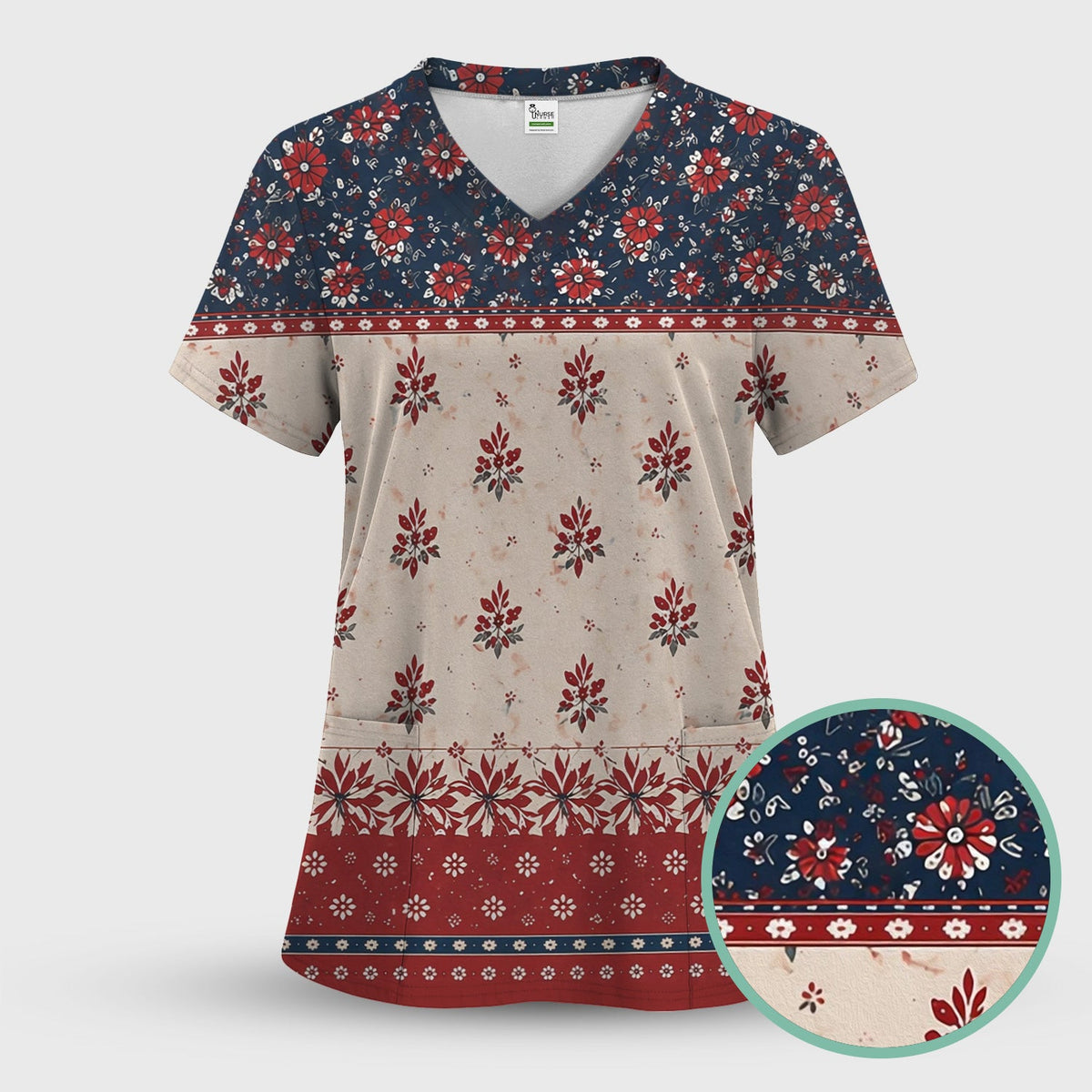 Vintage Floral Border Red Blue Nurse Scrub Set