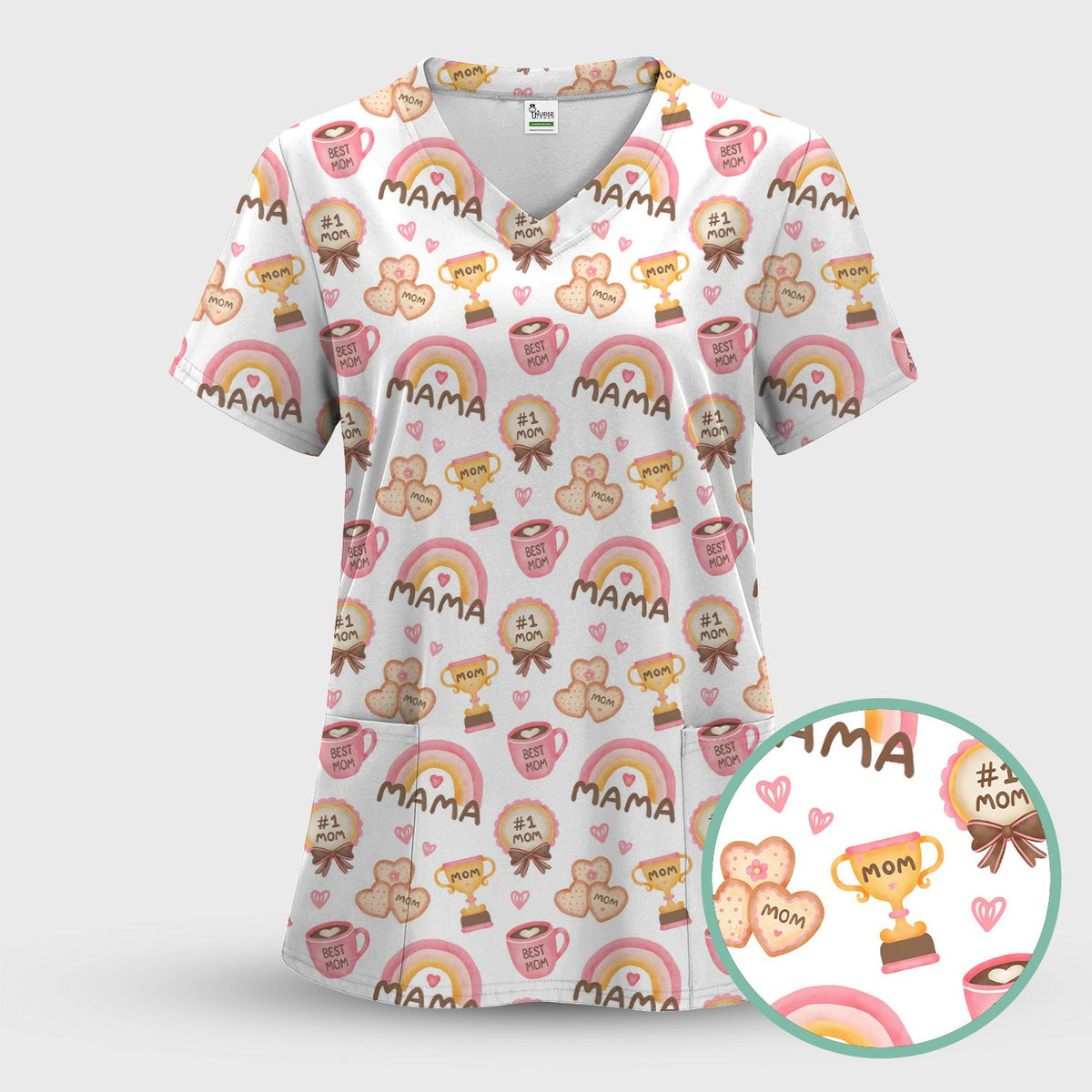 Sweet Nurse Mama Rainbow Trophy Heart Scrub Top