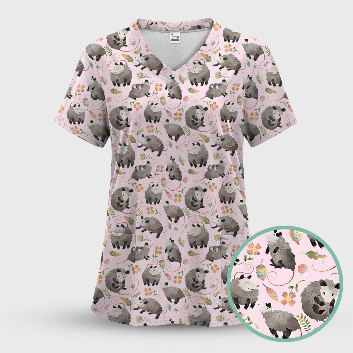 Opossum Playing Flower Garden Nurse Scrub Top
