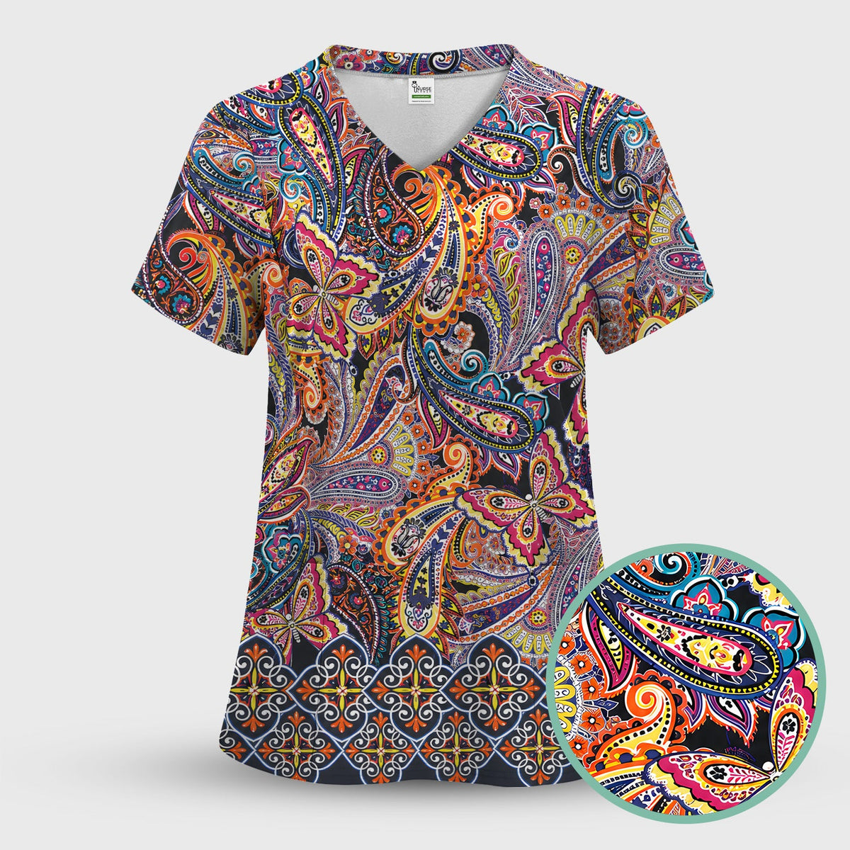 Colorful Bohemian Paisley Floral Nurse Scrub Top