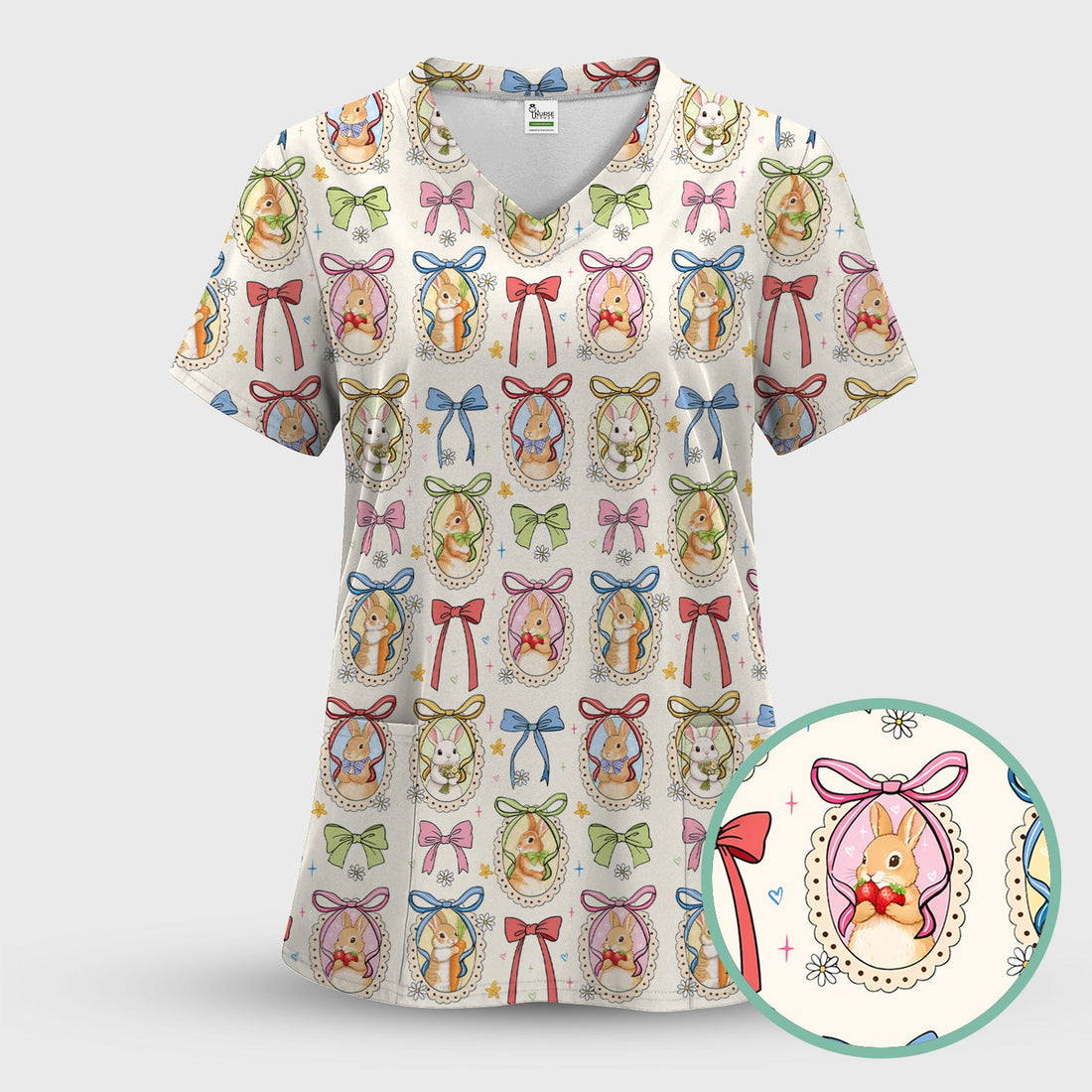 Bunny Cameo Bow Nurse Scrub Top - Easter Gift