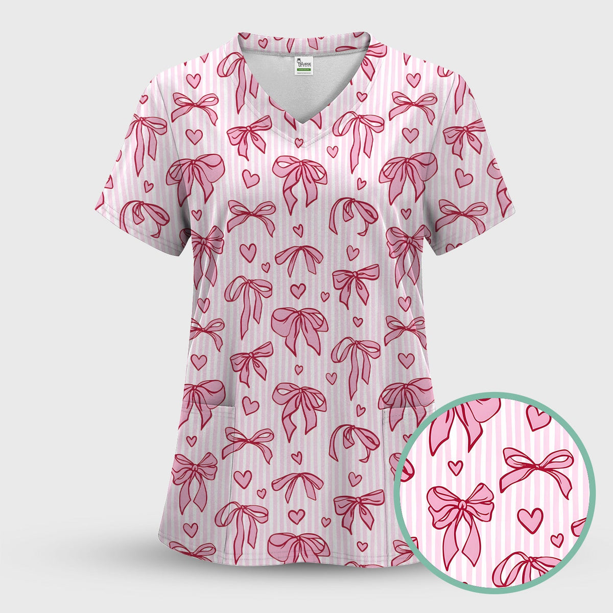 Pink Bow Heart Stripe Nurse Scrub Top
