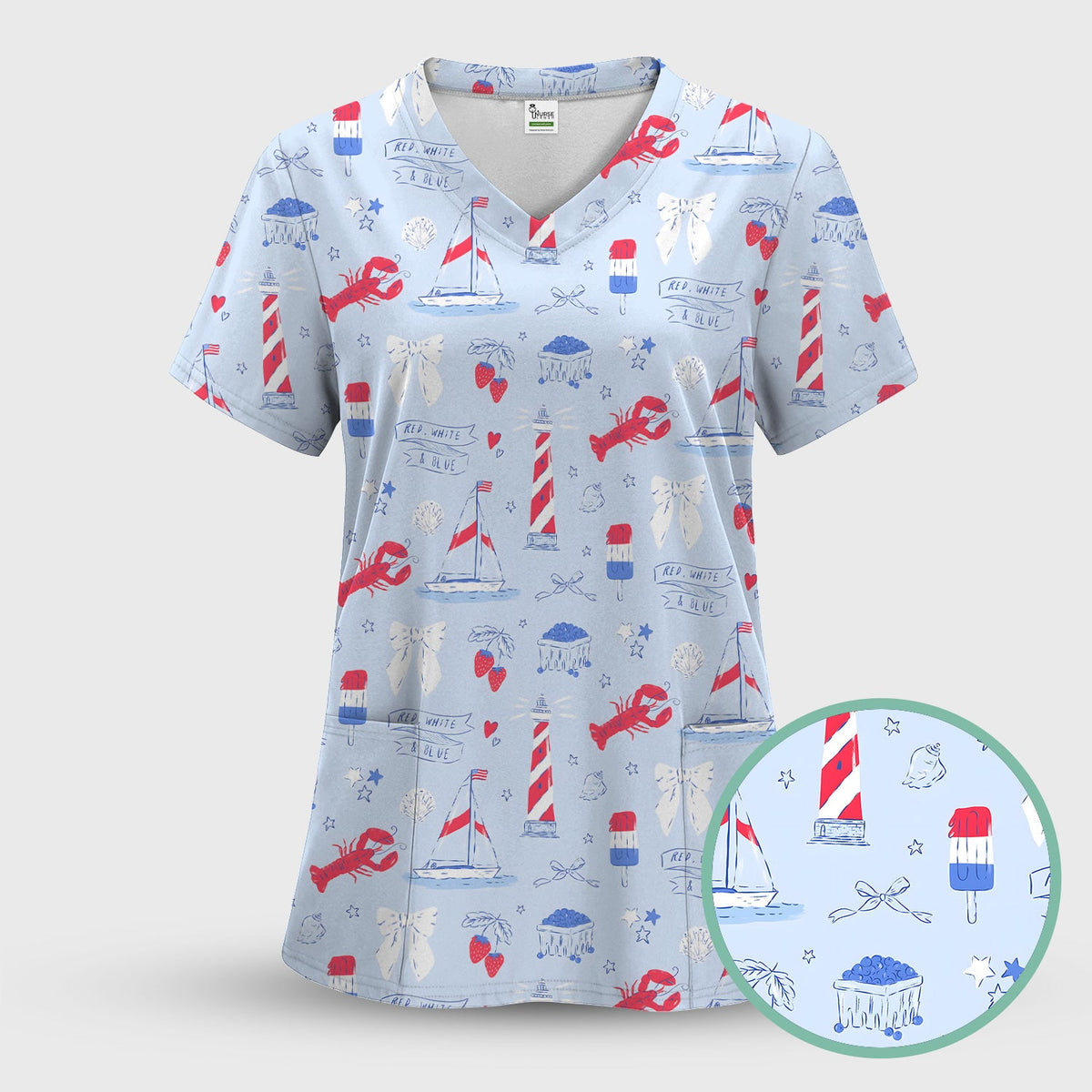 Lobster Lighthouse Sailboat Nurse Scrub Top