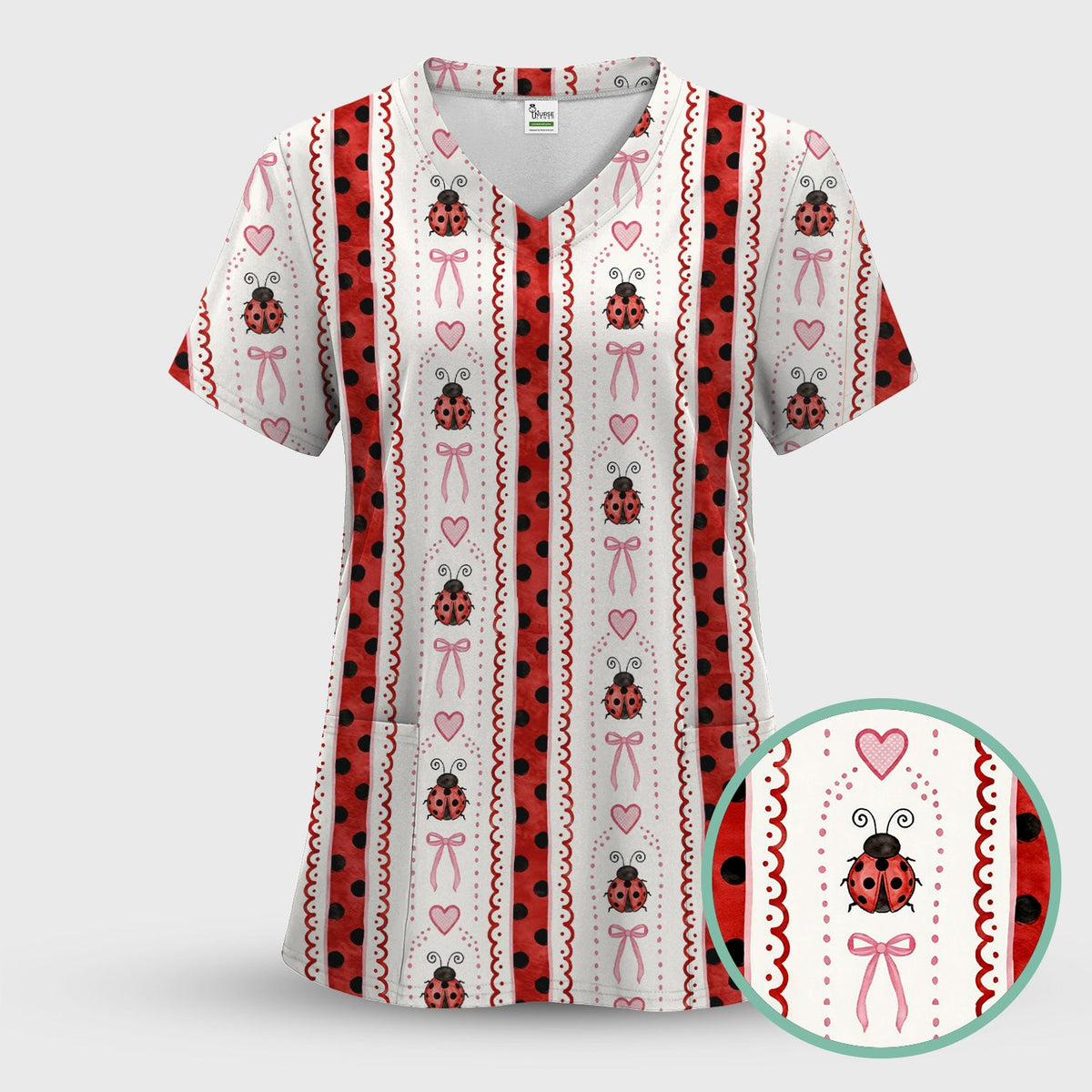 Ladybug Heart Bow Stripe Nurse Scrub Set