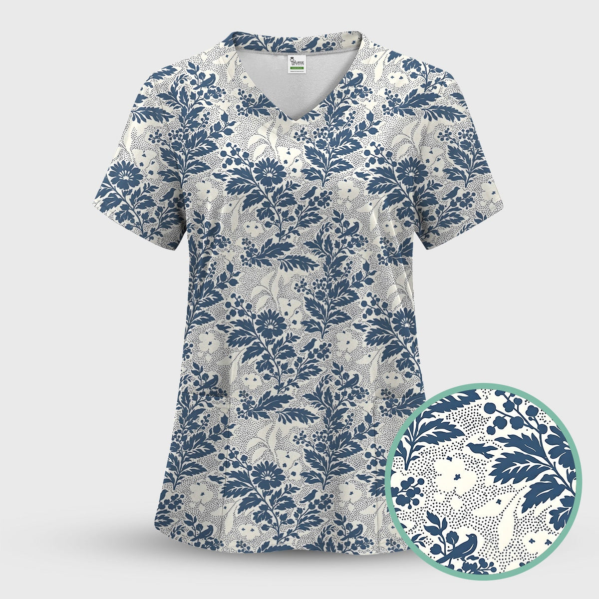 Cute Blue Floral Botanical Nurse Scrub Set