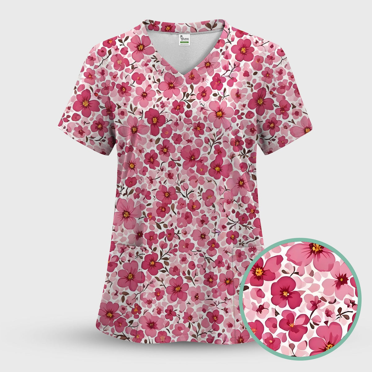 Pink Cherry Blossom Nurse Scrub Top