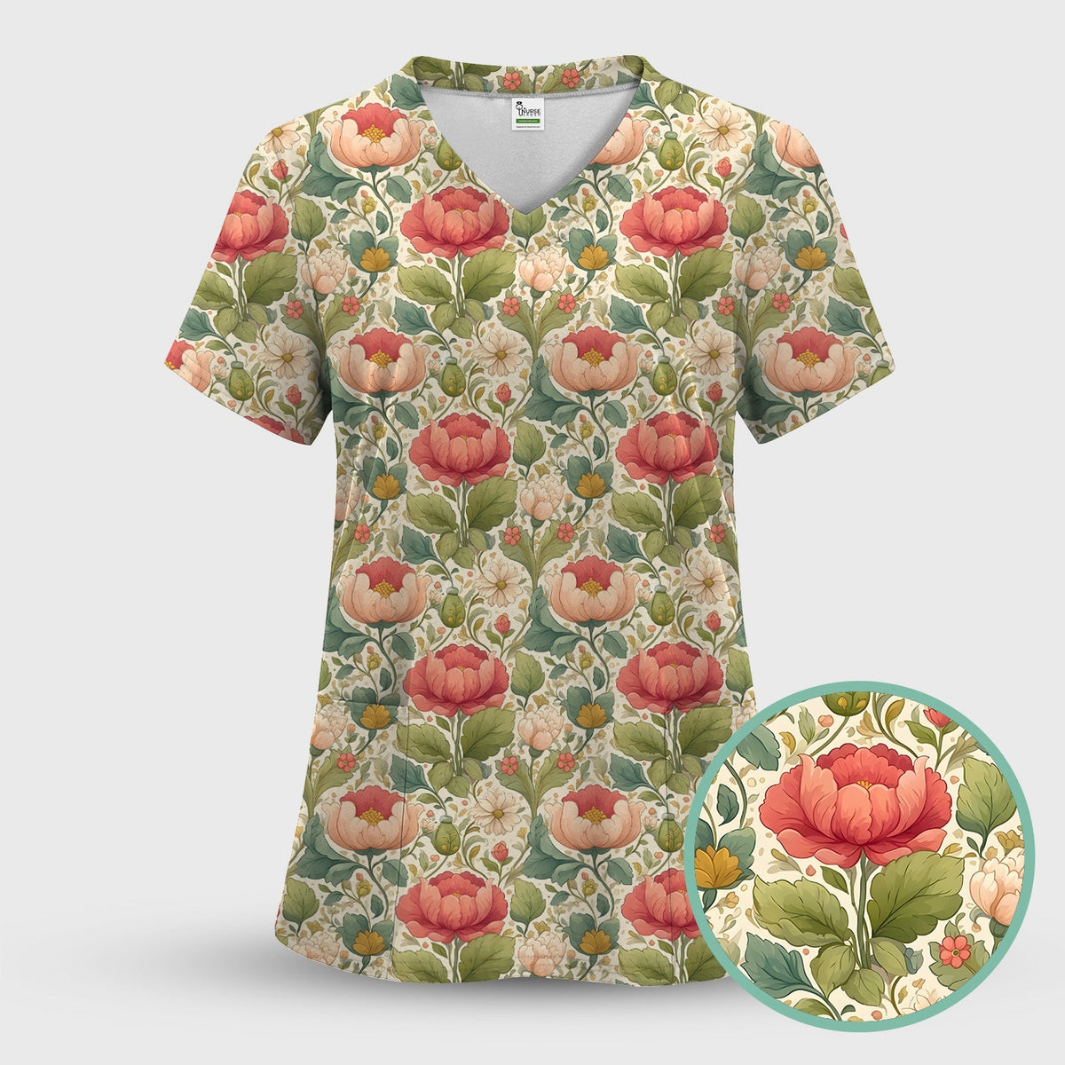 Vintage Botanical Peony Floral Nurse Scrub Set