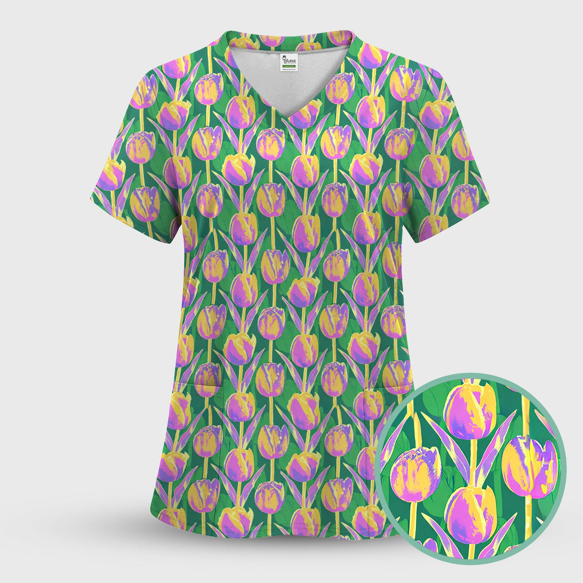 Colorful Tulip Floral Nurse Scrub Top