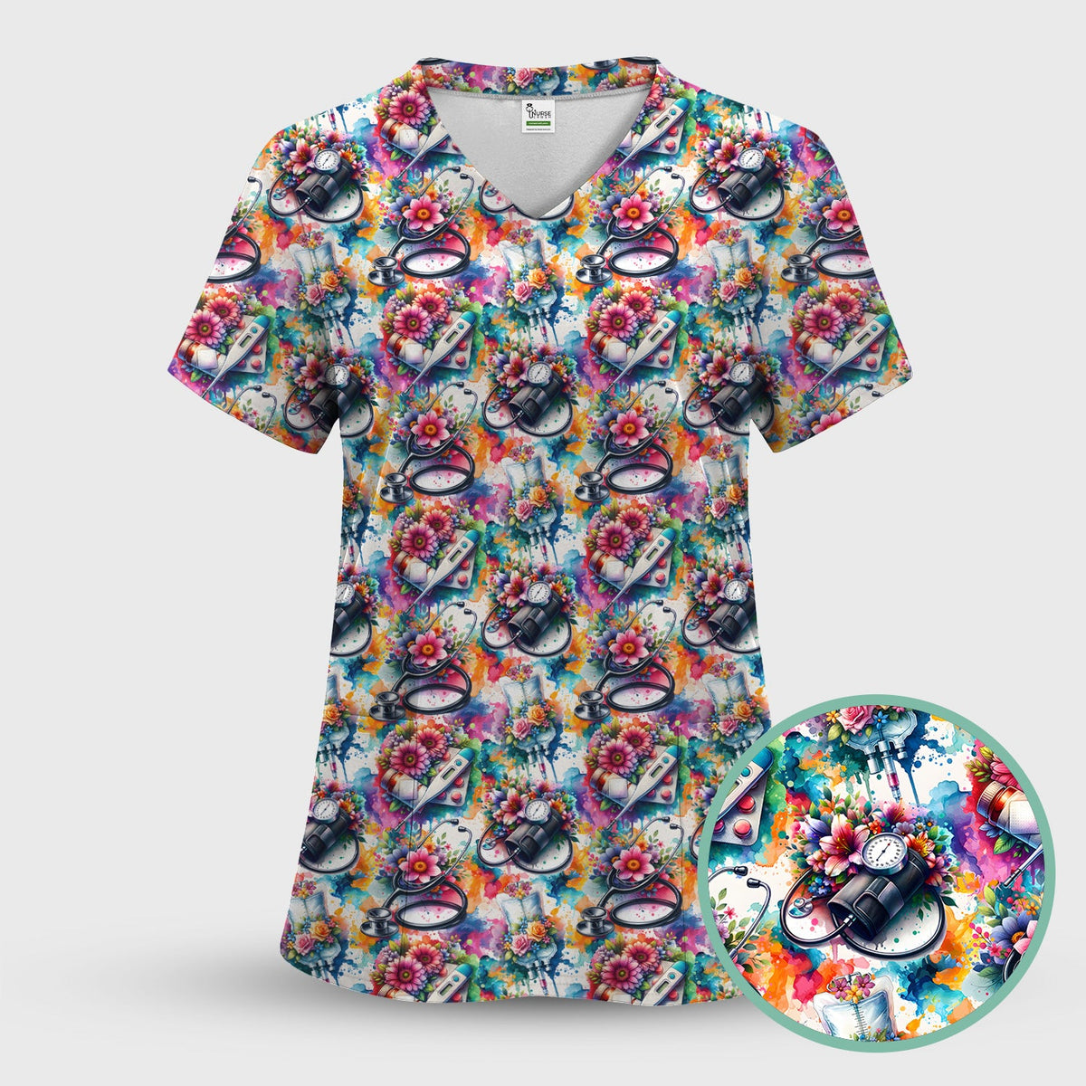 Colorful Medical Tools Floral Nurse Scrub Set