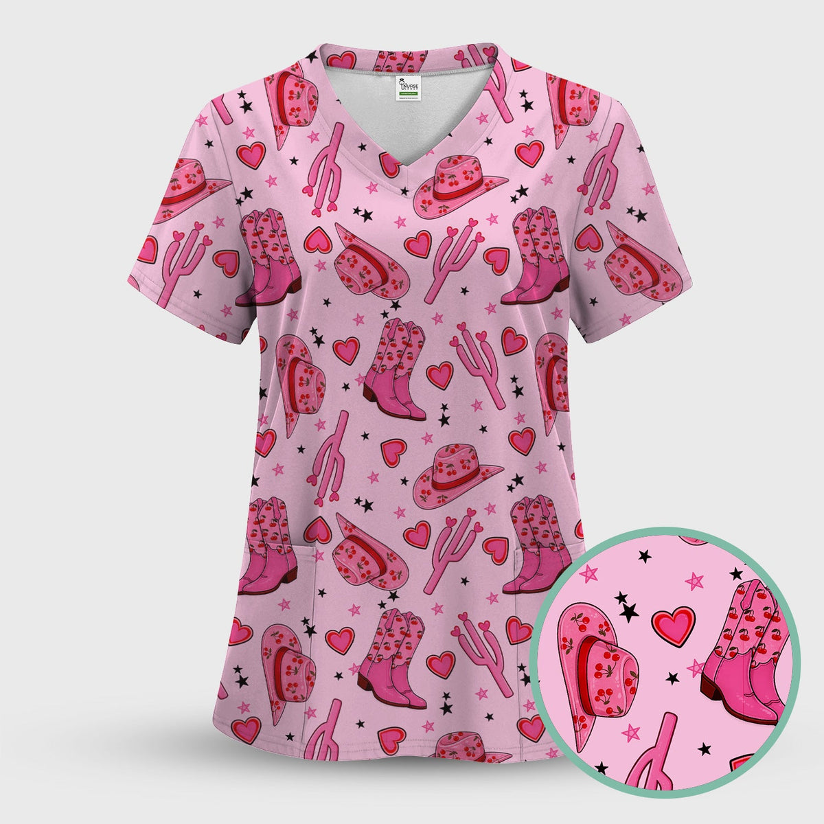 Pink Cowgirl Western Boots Hat Pattern Scrub Set, Scrub Pants and V Neck Top