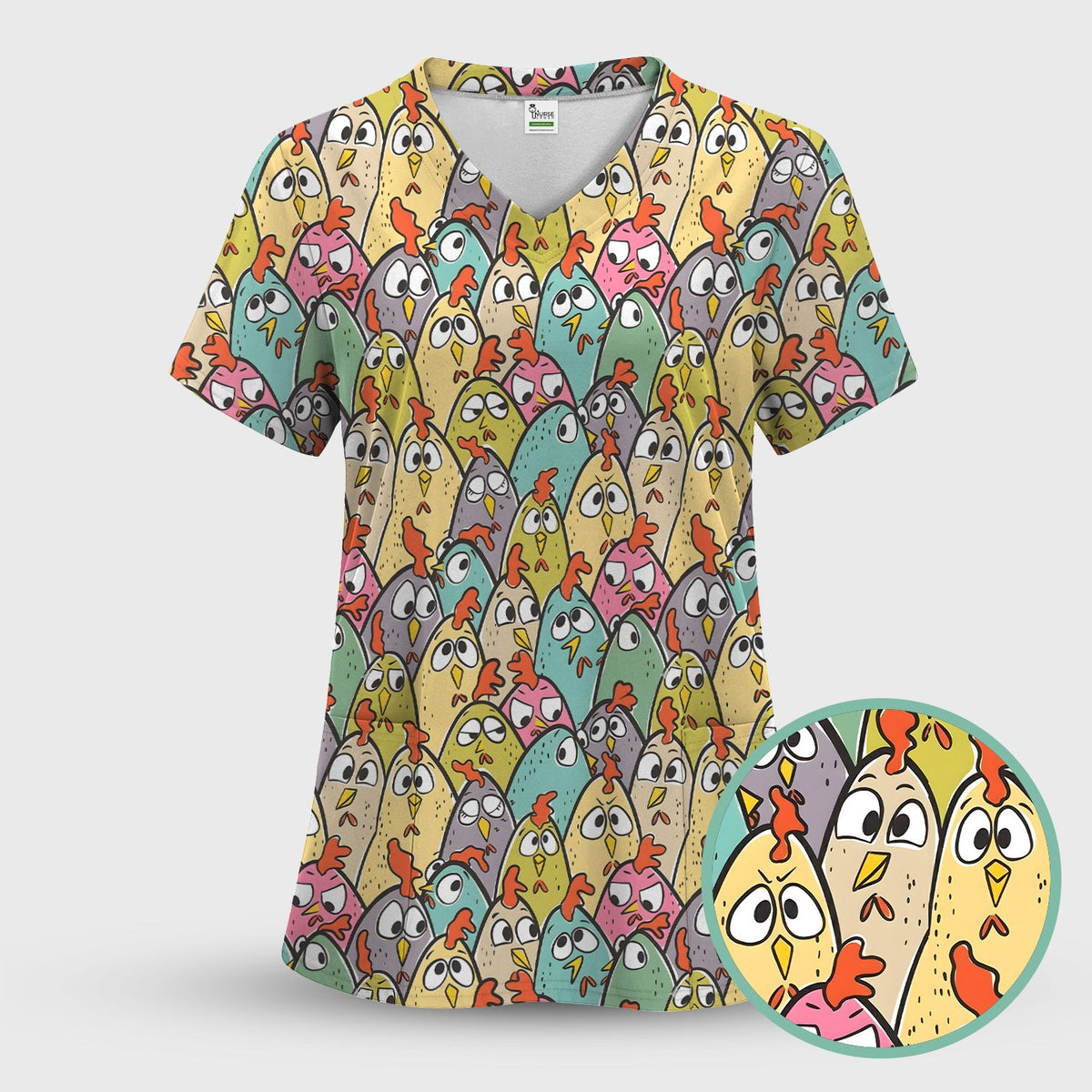 Cartoon Chicken Crowd Nurse Scrub Top
