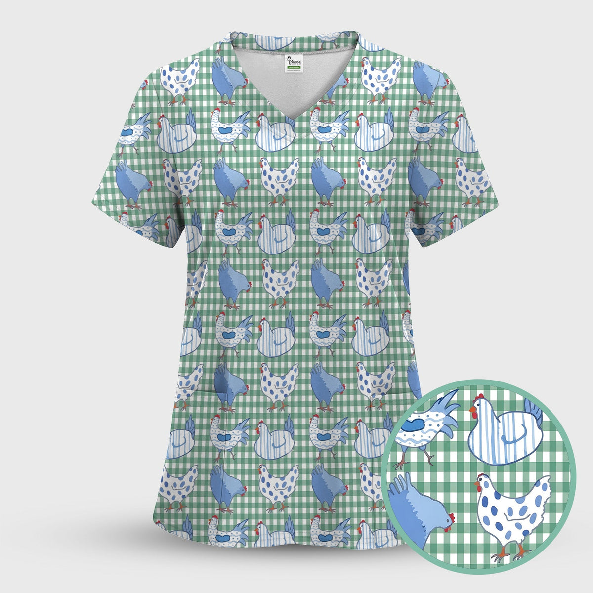 Blue Chicken Gingham Nurse Scrub Top