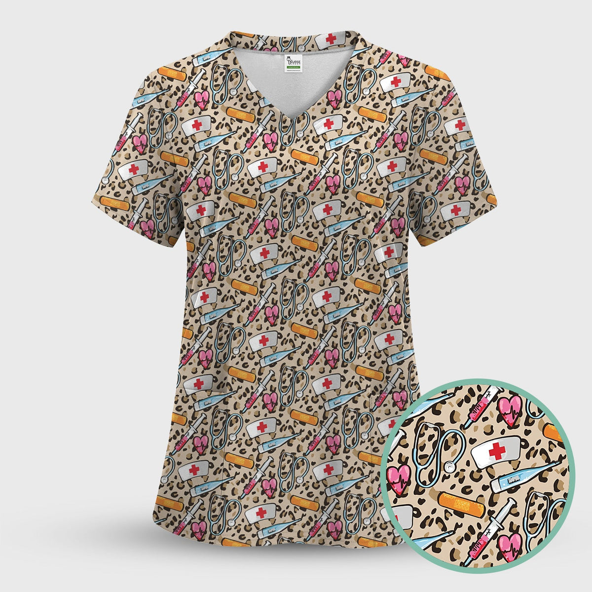 Leopard Medical Tools Pink Heart Nurse Scrub Top