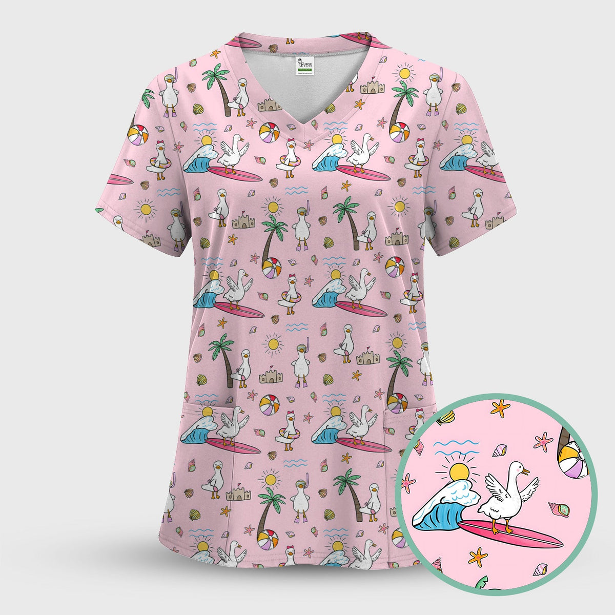 Seagull Surfboard Beach Palm Tree Nurse Scrub Set