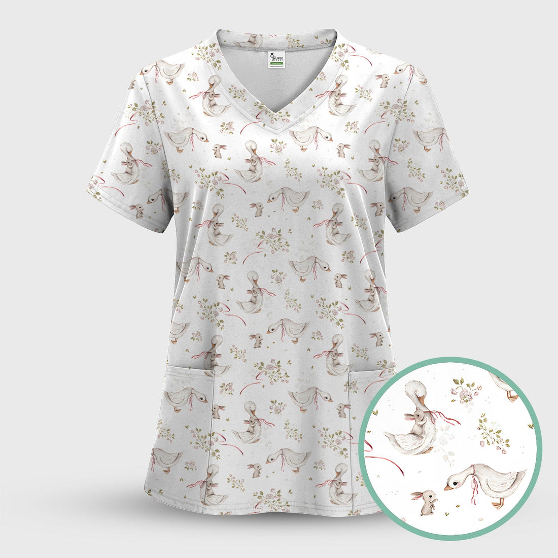 Duck Bunny Floral Nurse Scrub Top - Easter Gift