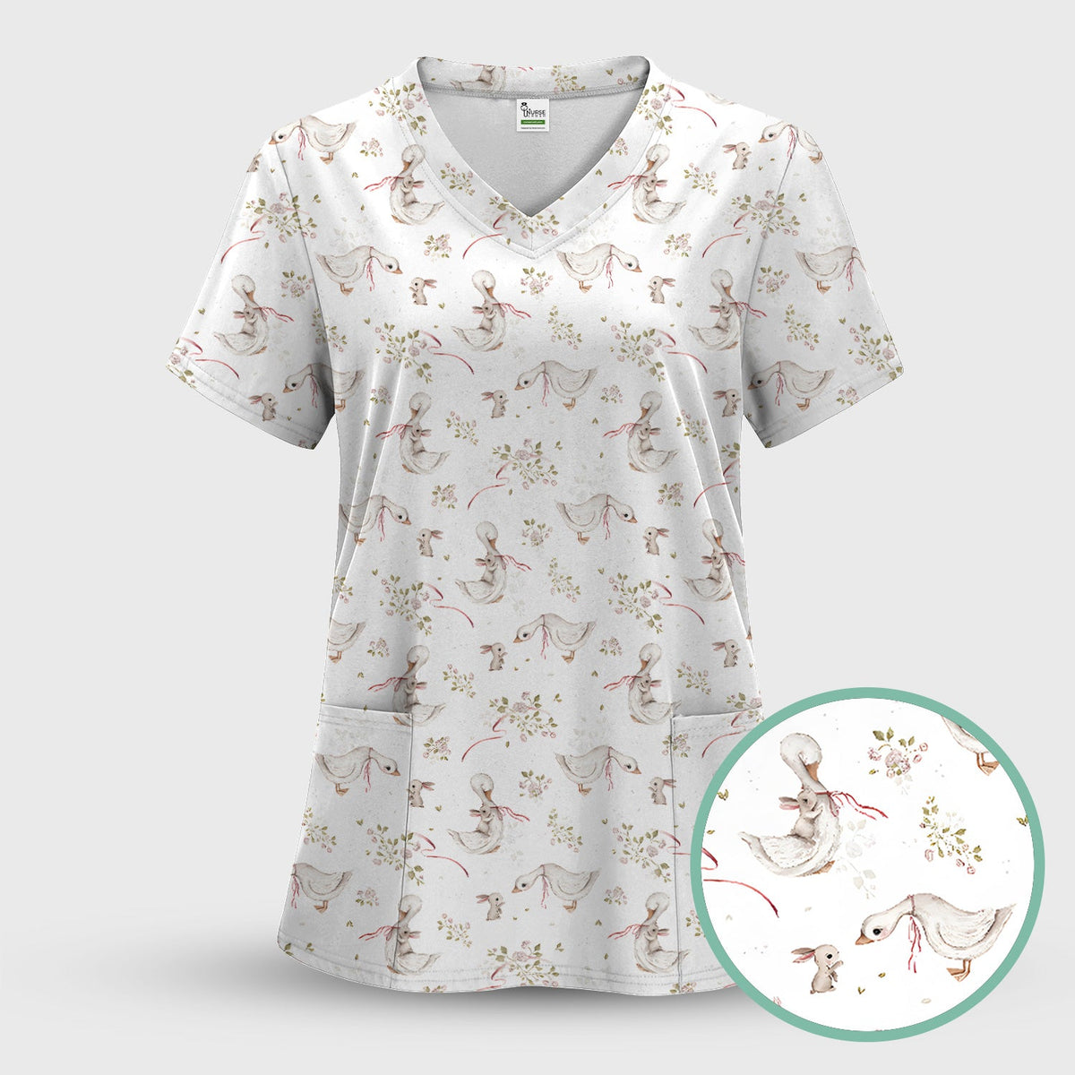 Duck Bunny Floral Nurse Scrub Top - Easter Gift