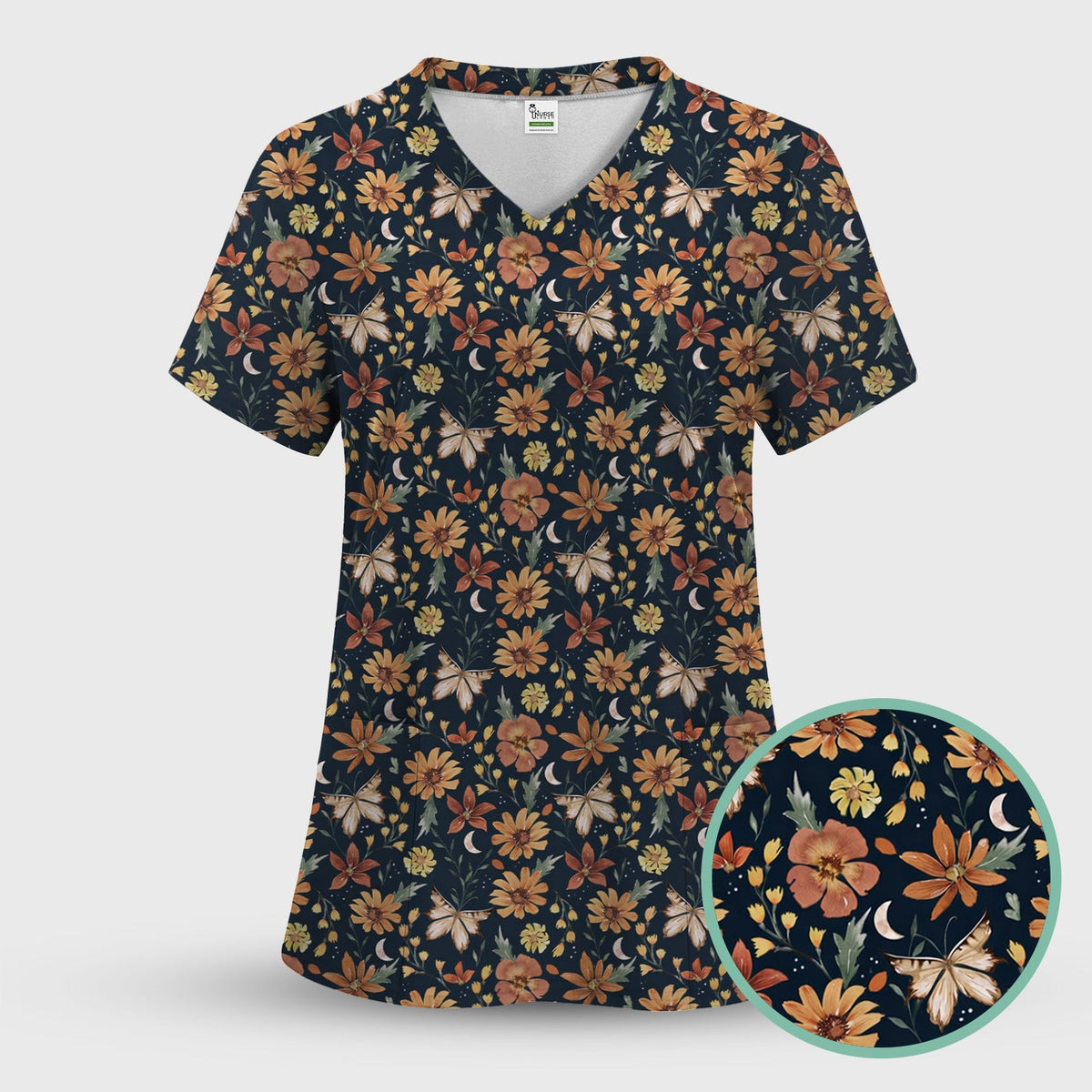 Autumn Floral Butterfly Moon Nurse Scrub Top