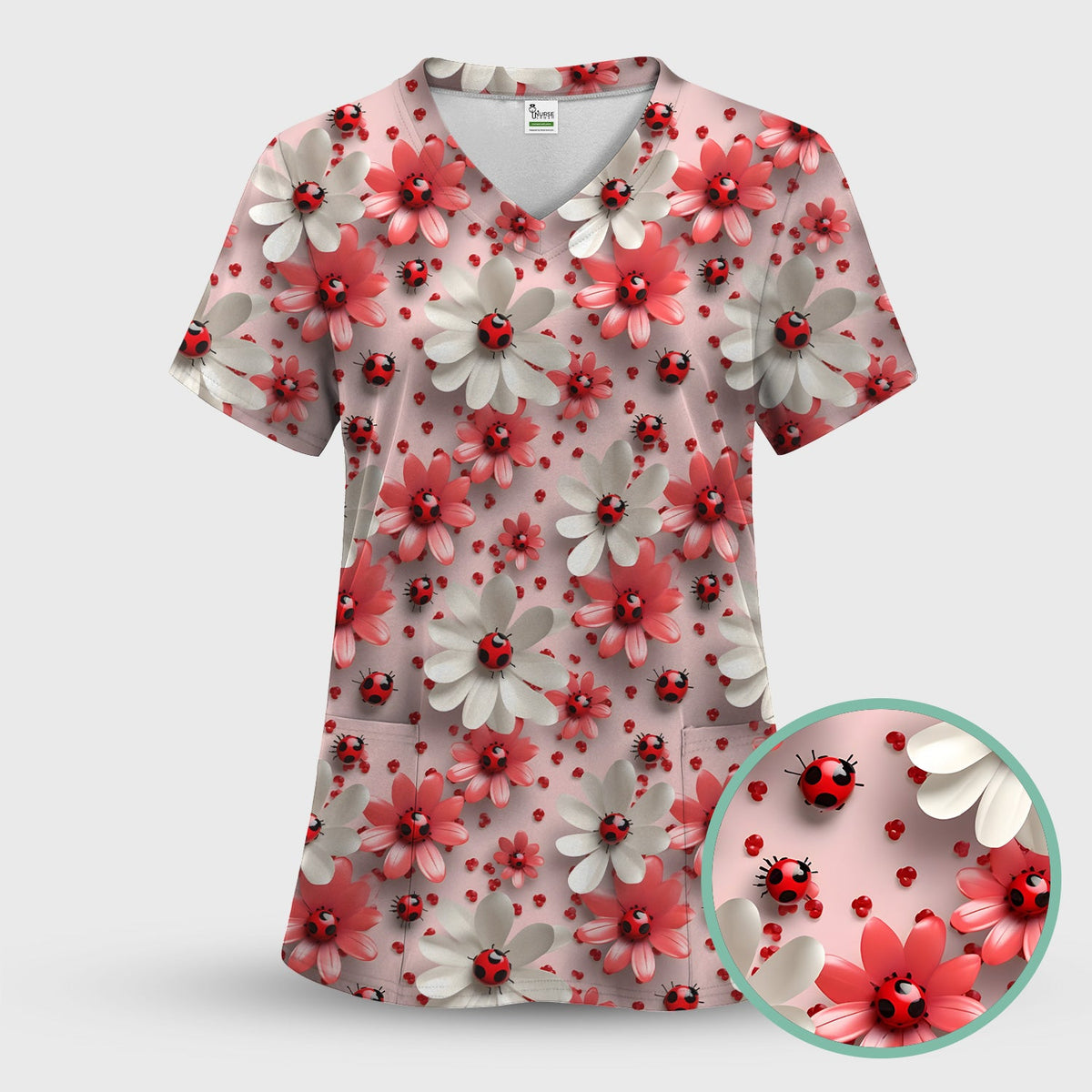 Red Ladybug Flower Nurse Scrub Set