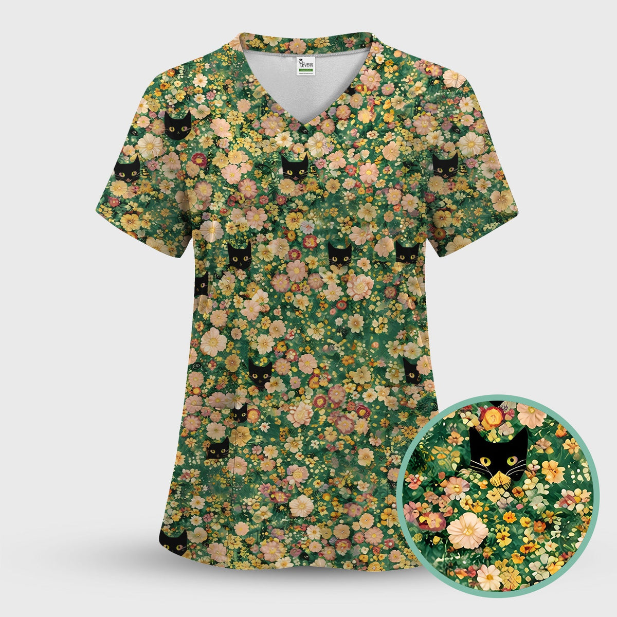 Cute Black Cat Floral Garden Nurse Scrub Set