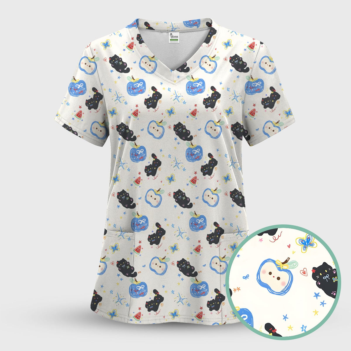 Black Cat Apple Nurse Scrub Top